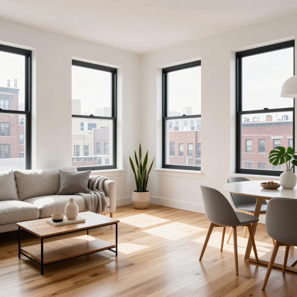 Bright living room with gray sofa, wooden coffee table, dining set, and large windows with city views