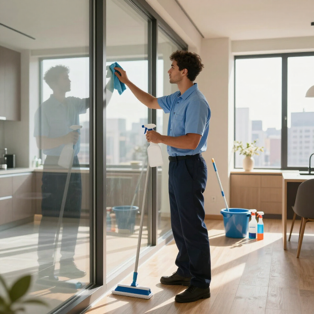Person cleaning a glass sliding door in a bright apartment with a squeegee and spray bottle