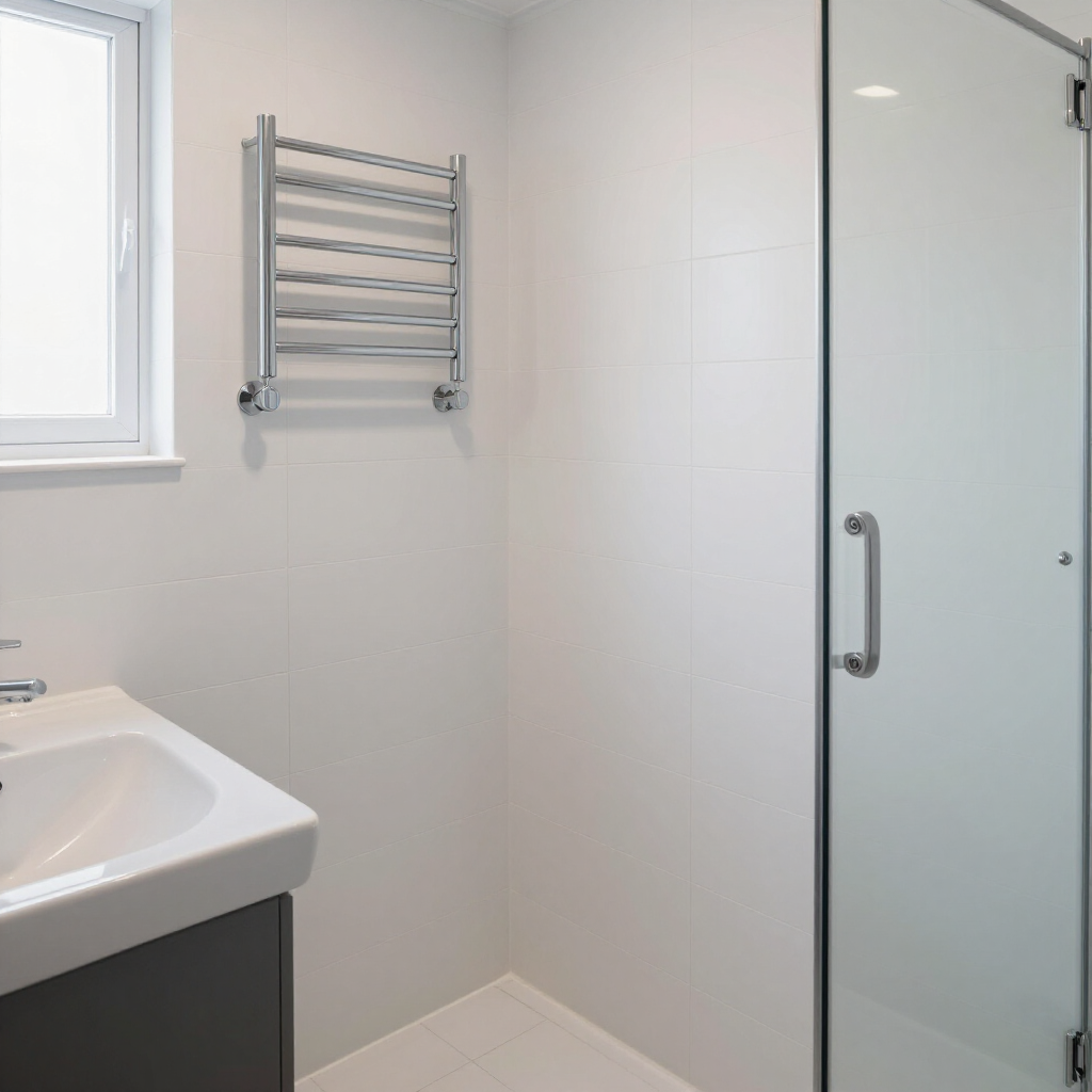 Bright white bathroom with sink, towel rack, window, and frosted glass shower enclosure.