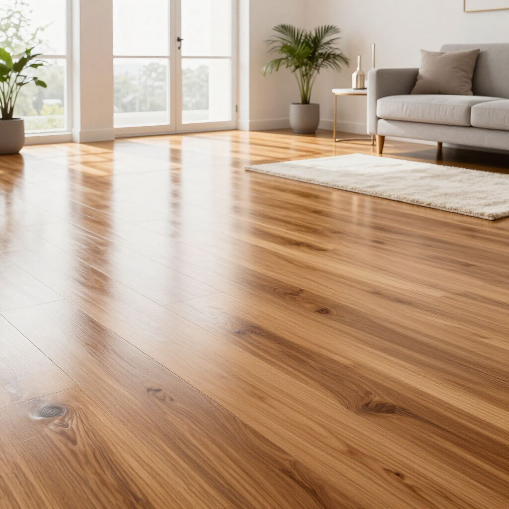 Bright sunlit living room with wooden floor, gray sofa, rug, potted plants, and large windows