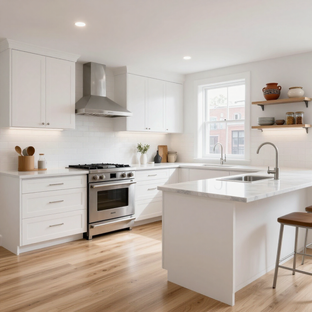 Bright modern white kitchen with island, stainless steel stove, wood floors, and natural light