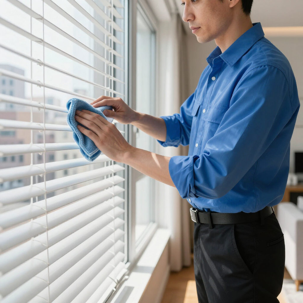 Man in a blue shirt cleaning white window blinds with a cloth by a sunlit window