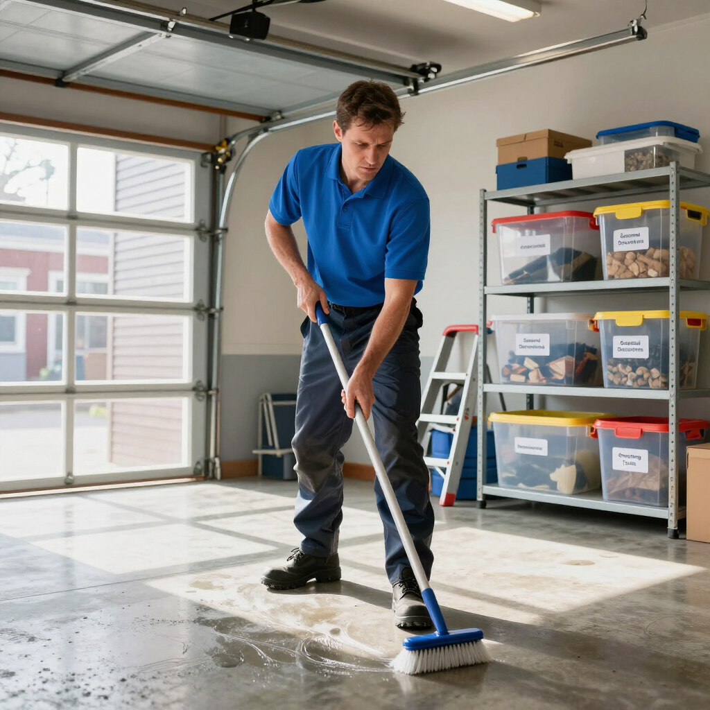 Person mopping a wet garage floor beside storage shelves and a closed garage door