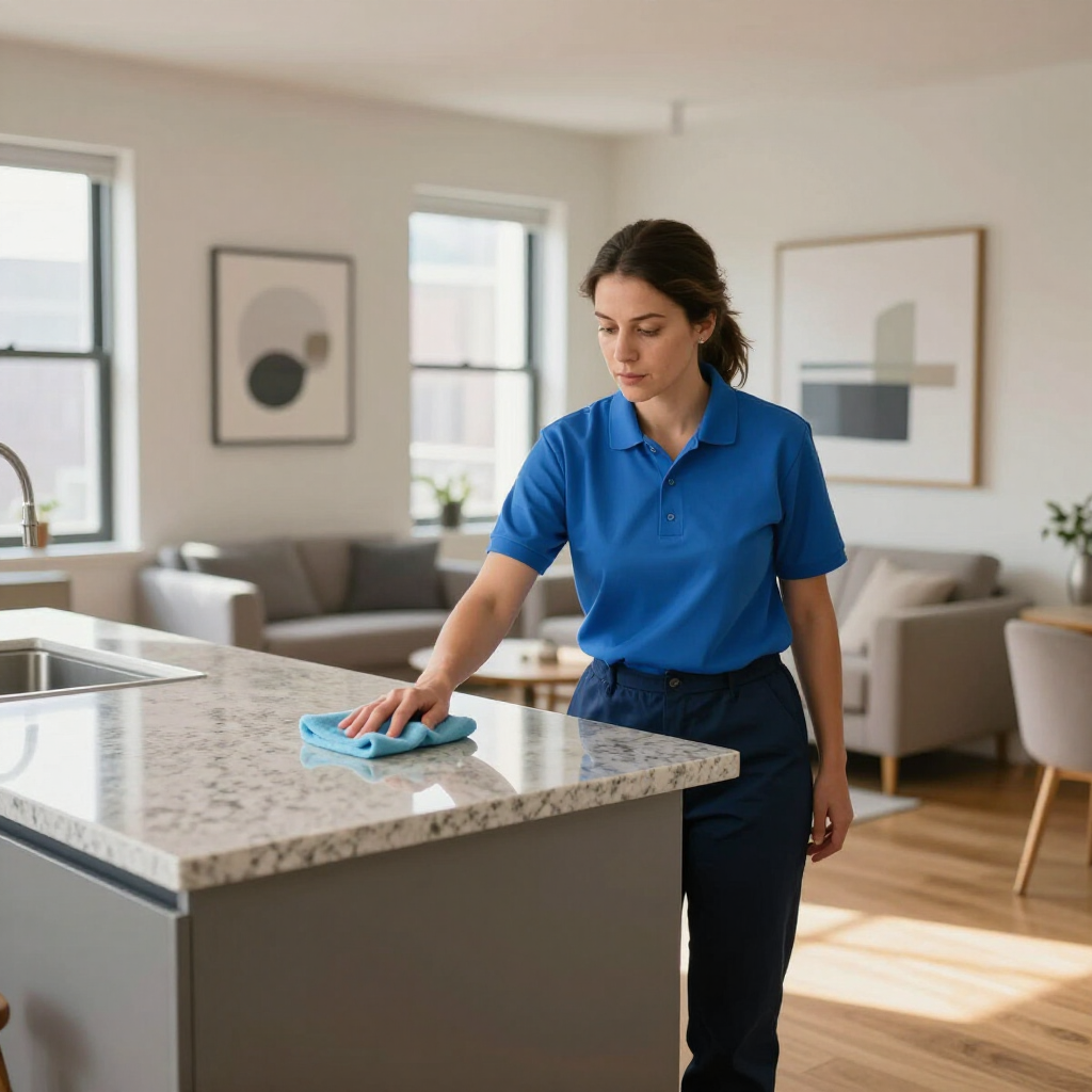 Person wiping a kitchen island with a blue cloth in a bright living room-kitchen