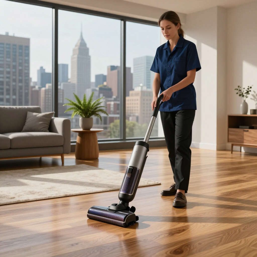 Woman vacuuming a hardwood floor in a bright living room with city skyline windows