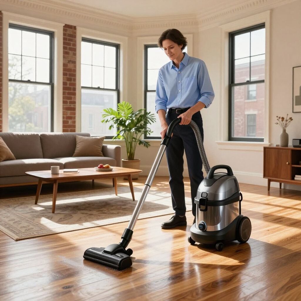 Person vacuuming a sunlit living room with a canister vacuum and hardwood floors