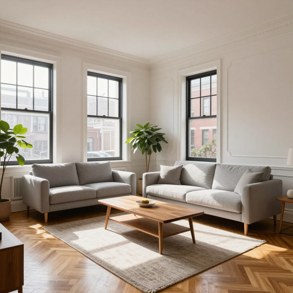 Bright living room with two gray sofas, wooden coffee table, potted plants, and large windows over herringbone floors