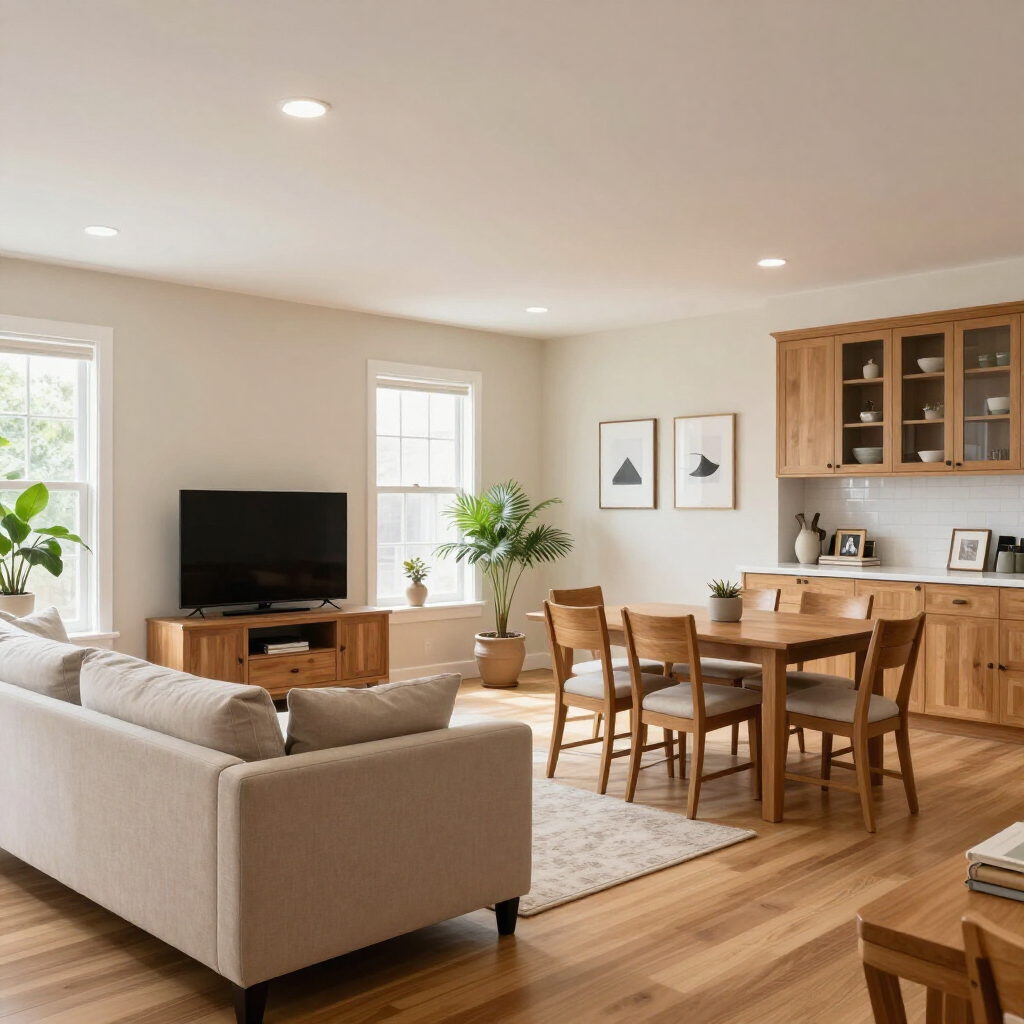 Bright modern living and dining room with beige sofa, wooden table, TV, plants, and sunlit windows
