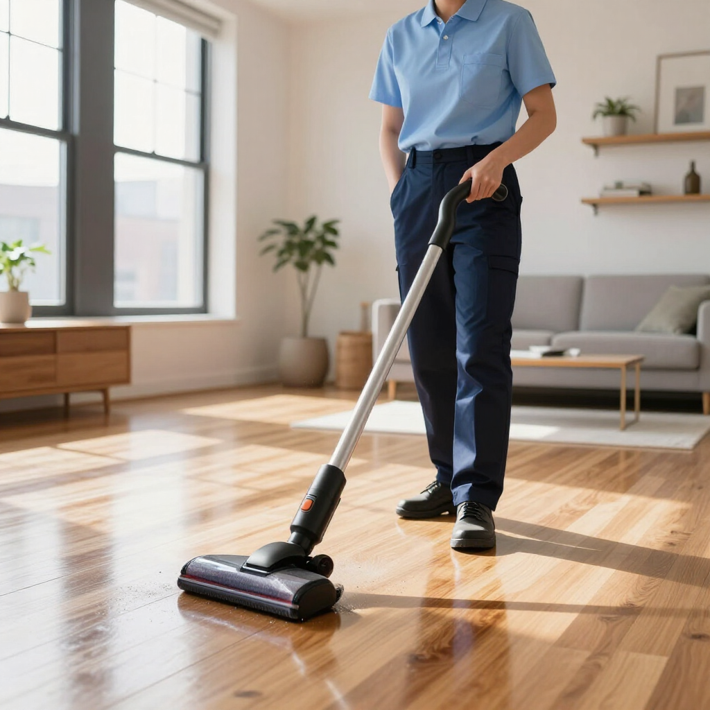 Person vacuuming a sunlit hardwood floor in a modern living room