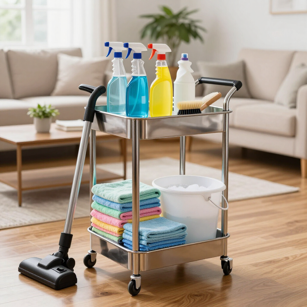 Cleaning cart with spray bottles, cloths, mop, vacuum, and bucket in a bright living room