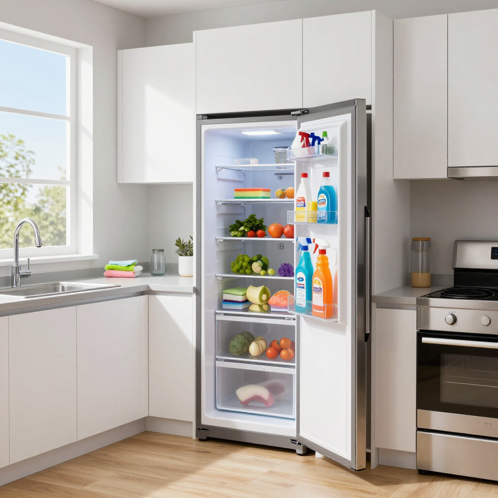 Open refrigerator in a bright white kitchen with fresh produce and drinks on the shelves