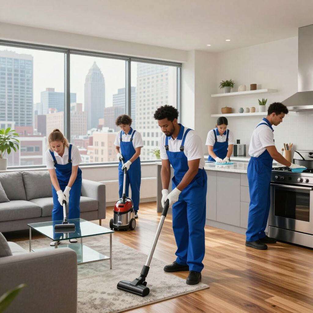 Cleaning crew vacuuming a bright office with city skyline windows and a person cooking in the kitchen area