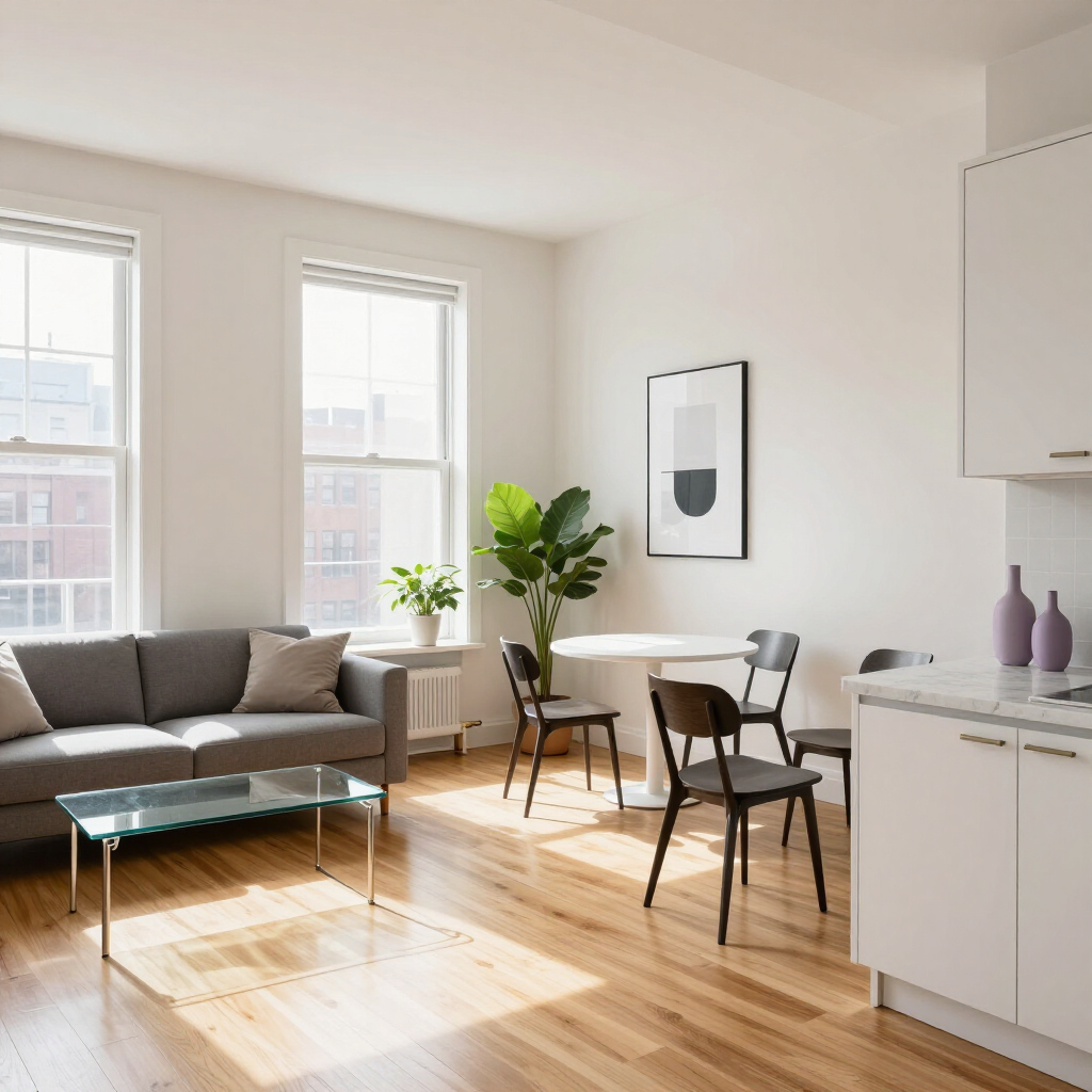Bright modern living room with gray sofa, coffee table, dining nook, and sunlight through large windows