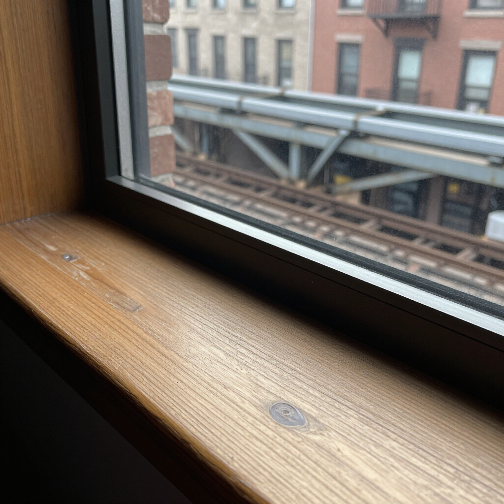Wooden windowsill overlooking elevated train tracks and apartment buildings outside.