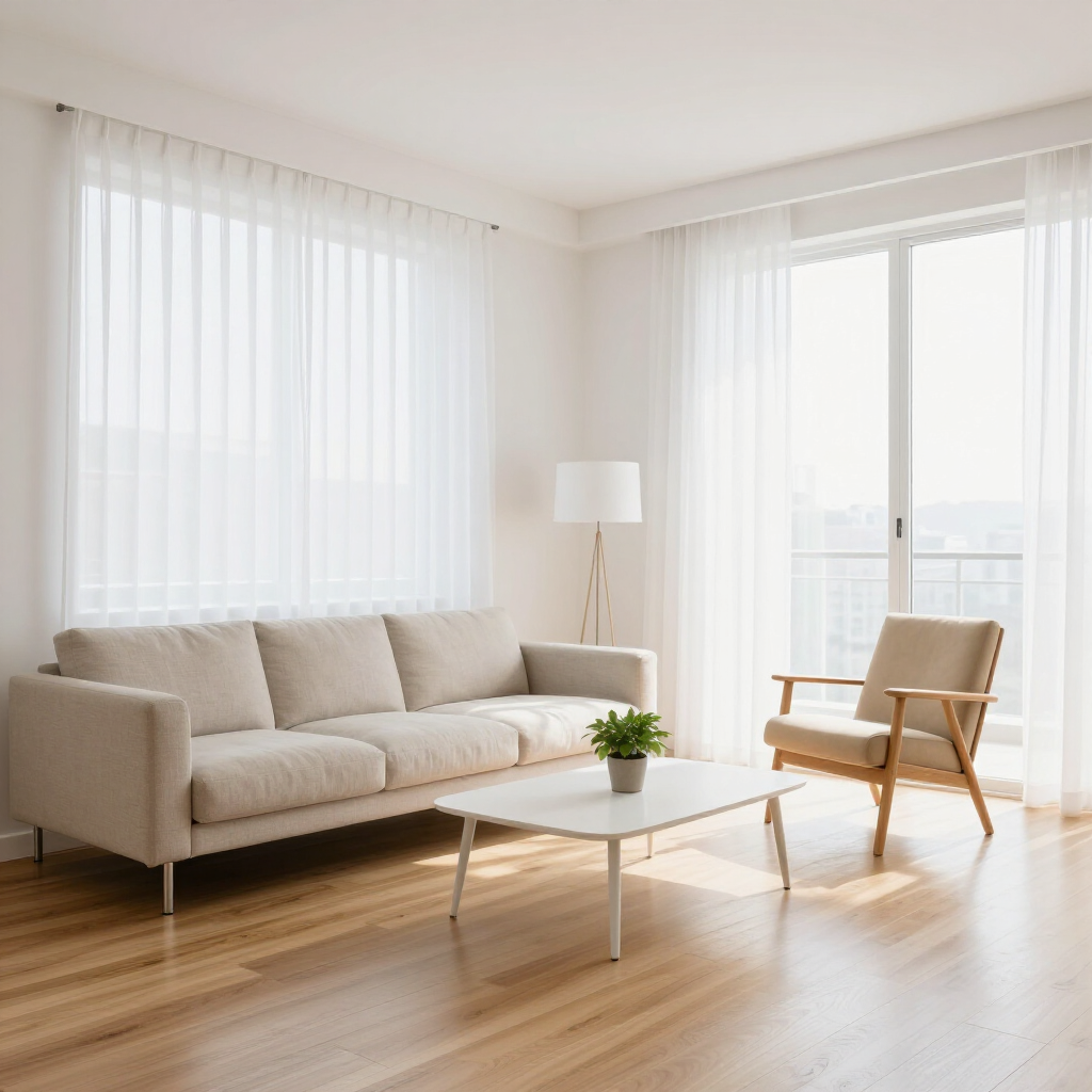Bright minimalist living room with beige sofa, wooden chair, coffee table, and sheer curtains by large windows