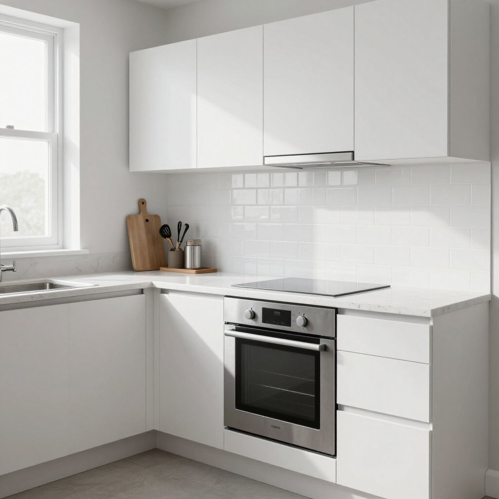 Bright white modern kitchen with cabinets, oven, countertop, and a window.