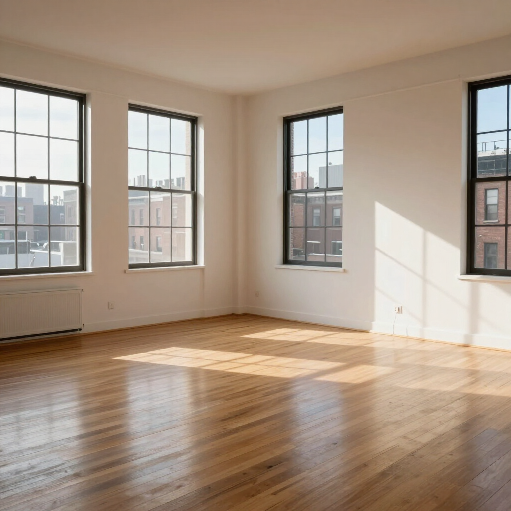 Empty sunlit room with hardwood floors, white walls, and large windows