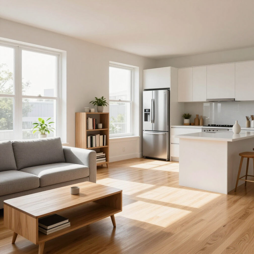 Bright modern living room and kitchen with gray sofa, wooden coffee table, and sunlight streaming through windows