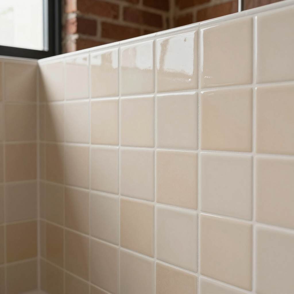 Beige tiled bathroom wall with a corner and a window edge above it