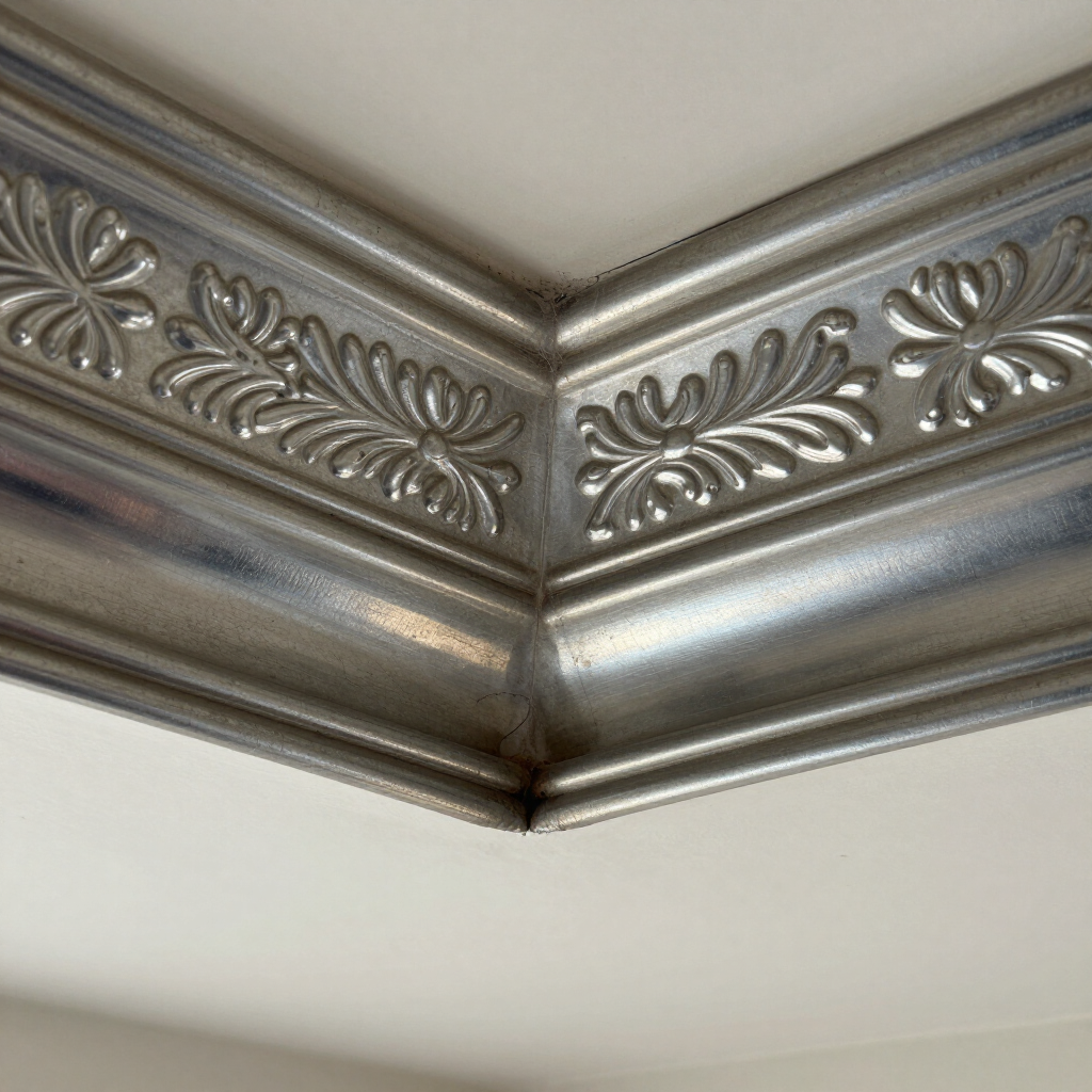 Ornate silver crown molding at a ceiling corner with floral leaf detailing
