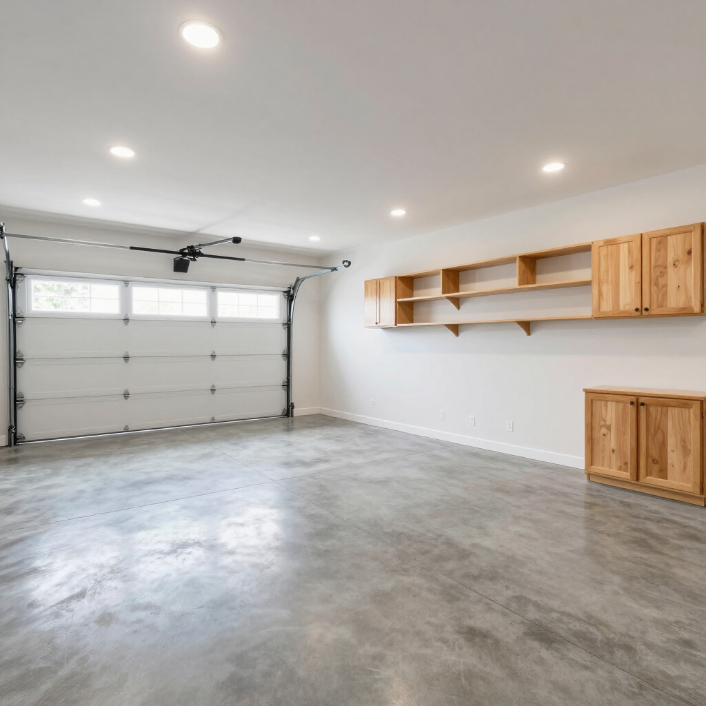 Empty modern garage with gray concrete floor, white walls, ceiling lights, and wooden storage cabinets.