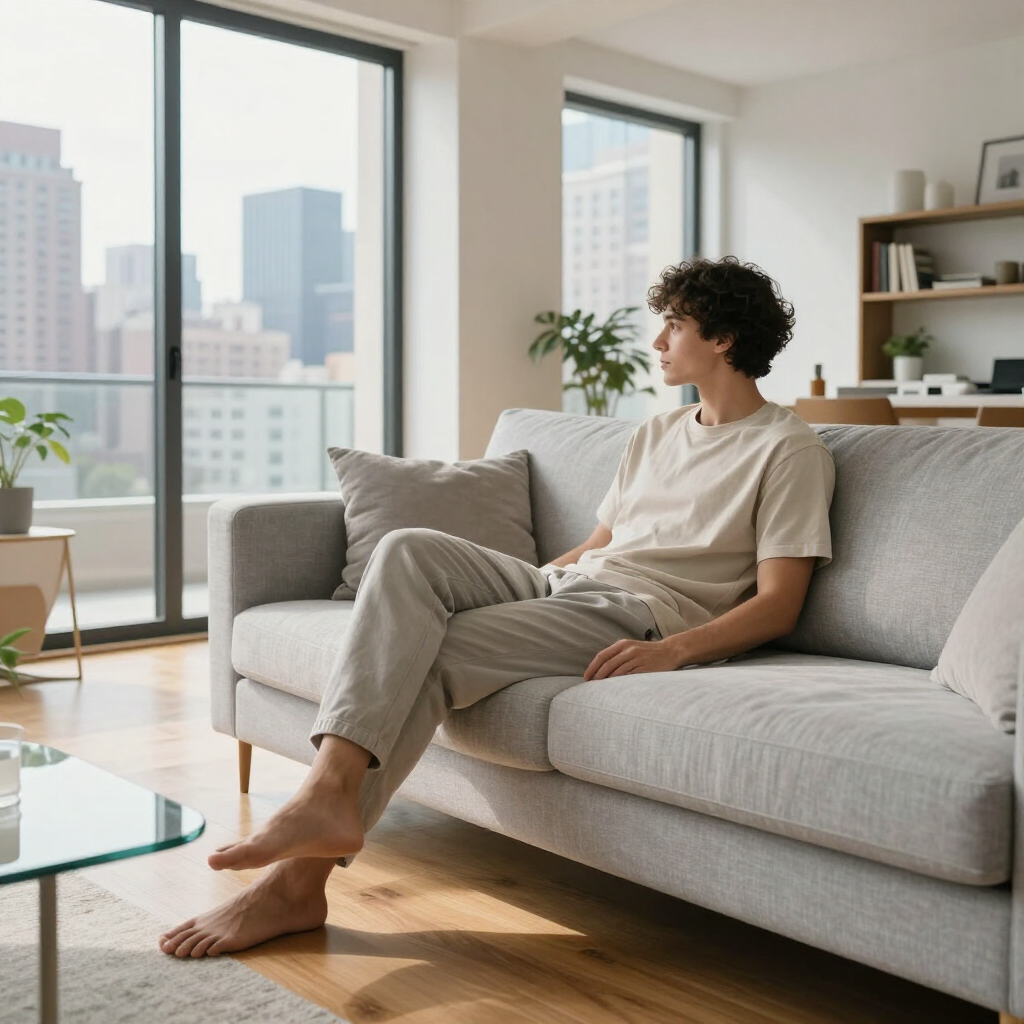 Person sitting on a light gray sofa in a sunlit living room with city windows and shelves nearby