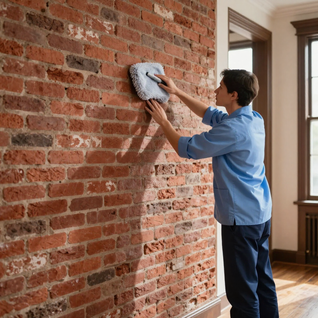 Person cleaning a brick wall with a cloth in a sunlit room