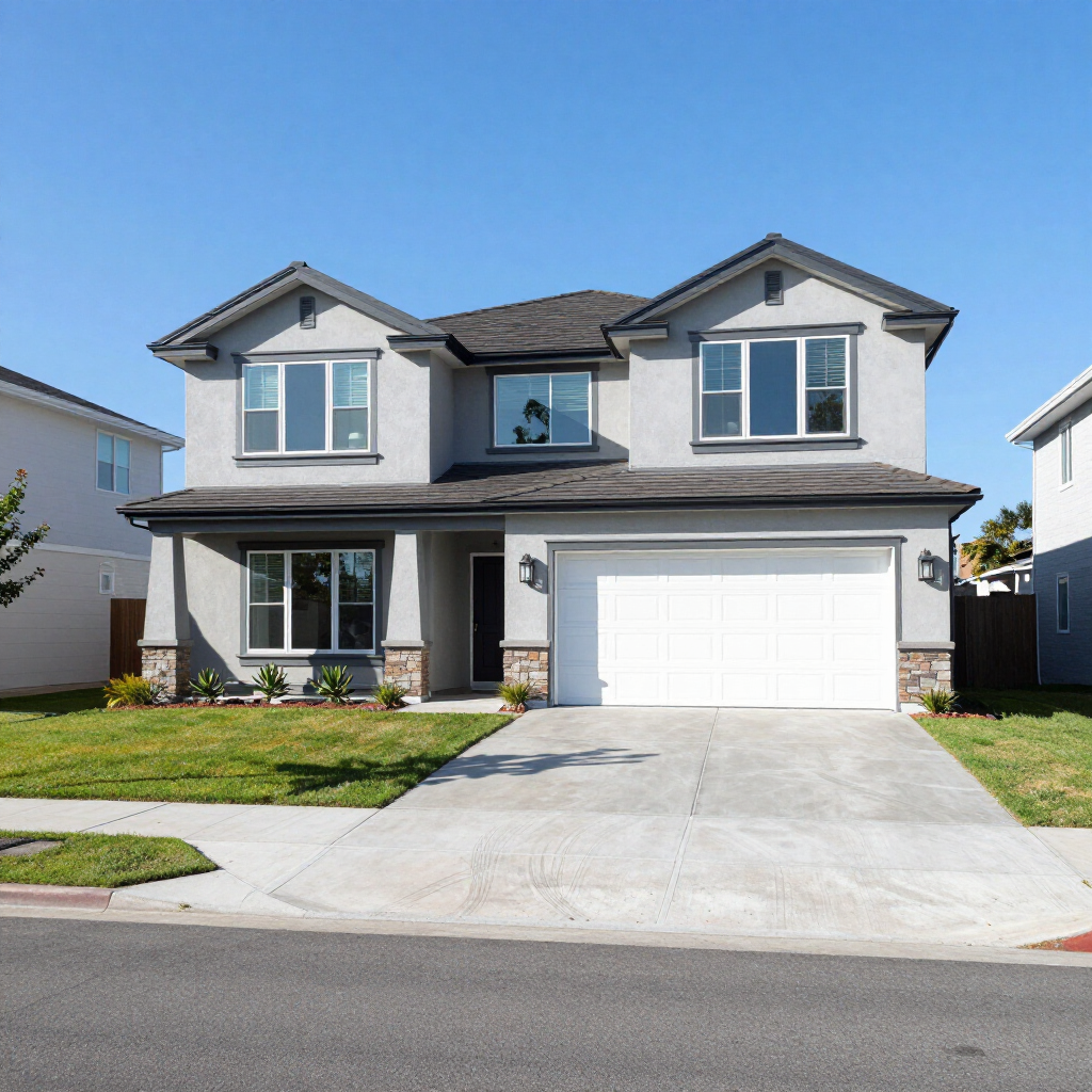 Two-story suburban house with a white garage, gray exterior, and a driveway under a clear blue sky