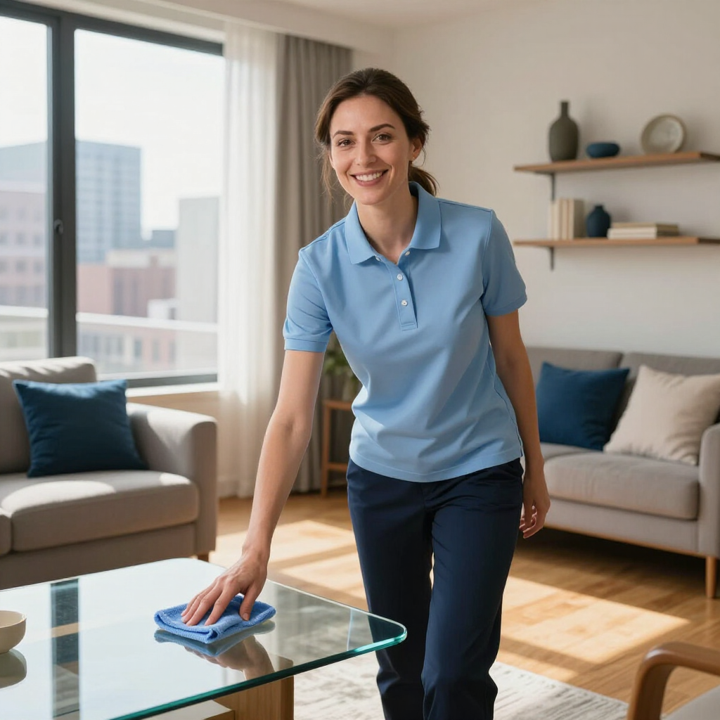 Person cleaning a bright living room with a blue cloth near a glass coffee table