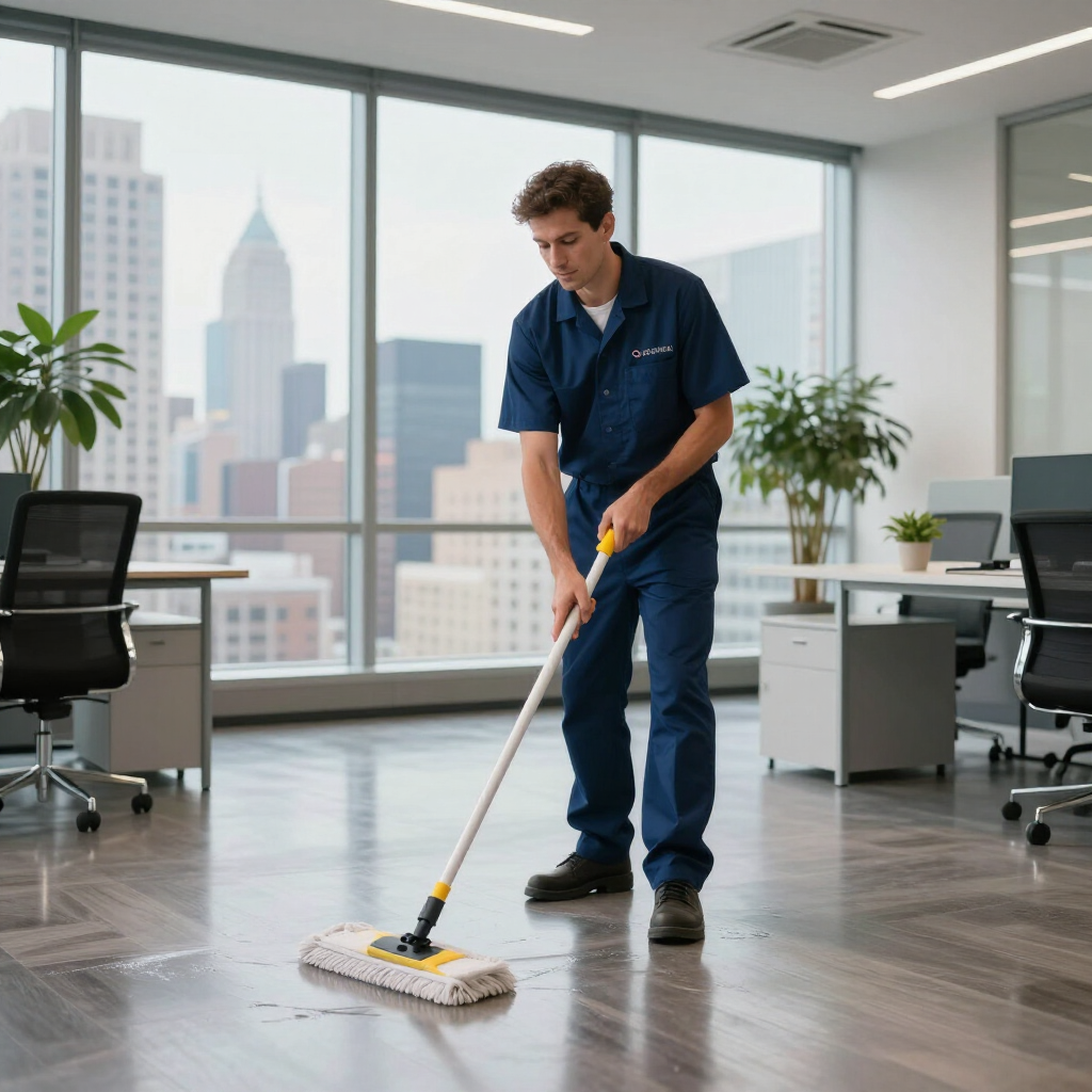 Janitor mopping a bright office floor with city skyline visible through large windows