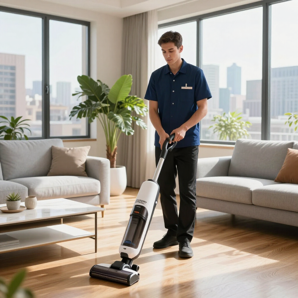 Person using a vacuum cleaner in a bright living room with large windows and potted plants