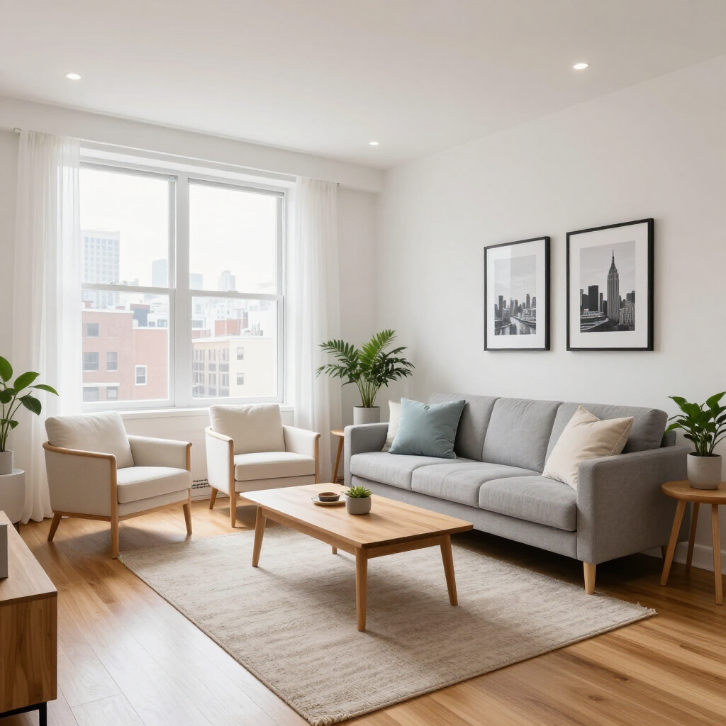 Bright living room with gray sofa, armchairs, coffee table, rug, plants, and city view through large windows