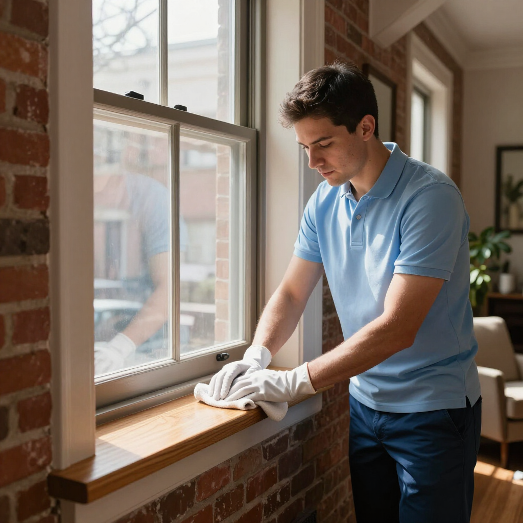 Man wiping a wooden window sill with a cloth in a sunlit brick-walled room