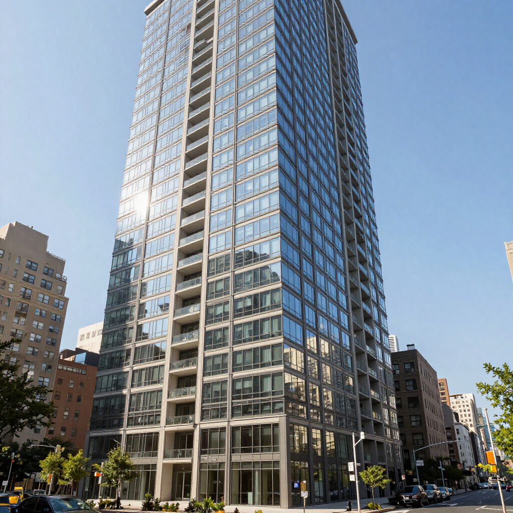 Tall glass office tower on a sunny city street, reflecting the blue sky.