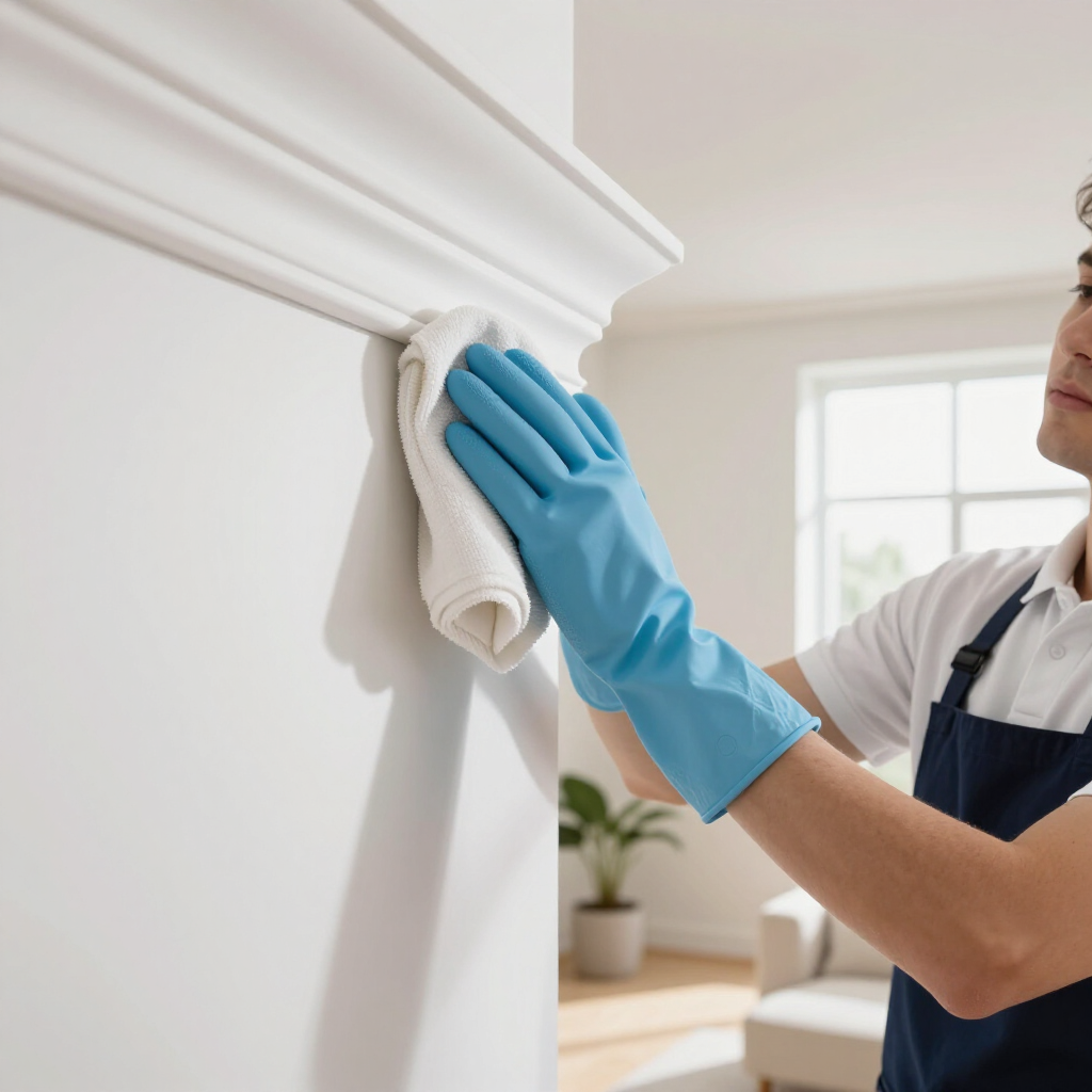 Person in blue gloves wiping a white wall molding with a cloth in a bright room