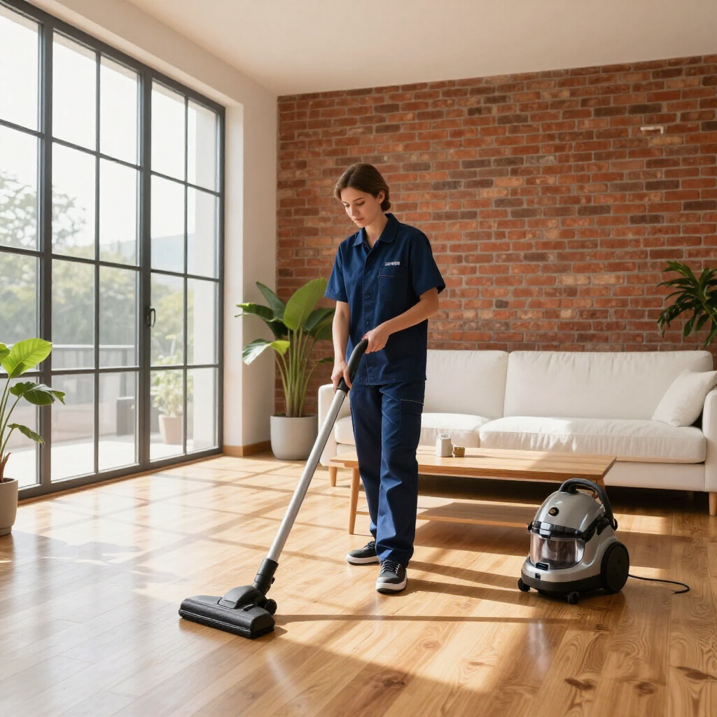 Person vacuuming a sunlit living room with a canister vacuum and hardwood floors.