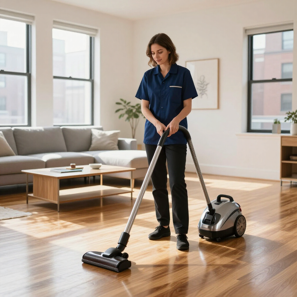 Person vacuuming a sunlit hardwood floor in a modern living room