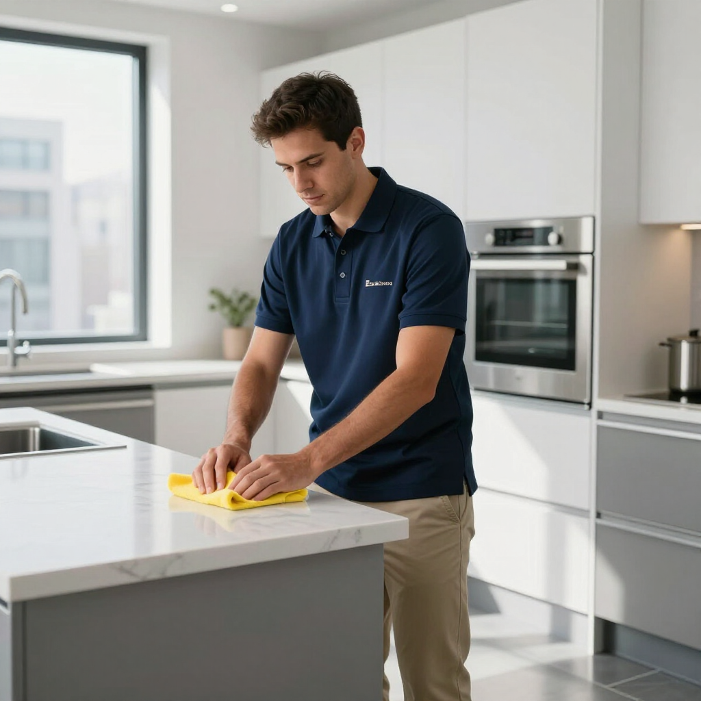 Person wiping a kitchen island with a yellow cloth in a modern white kitchen