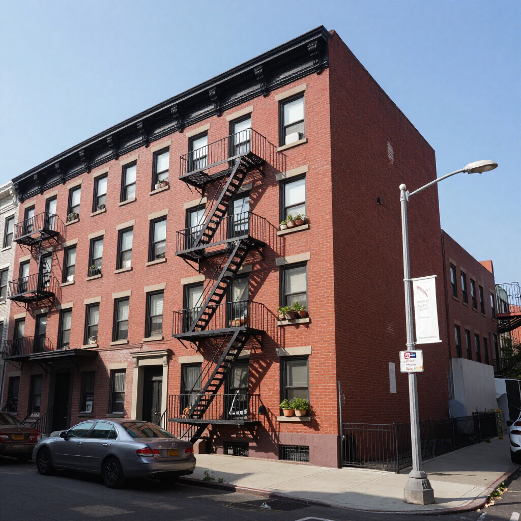 Brick apartment building with black fire escapes on a city street corner.
