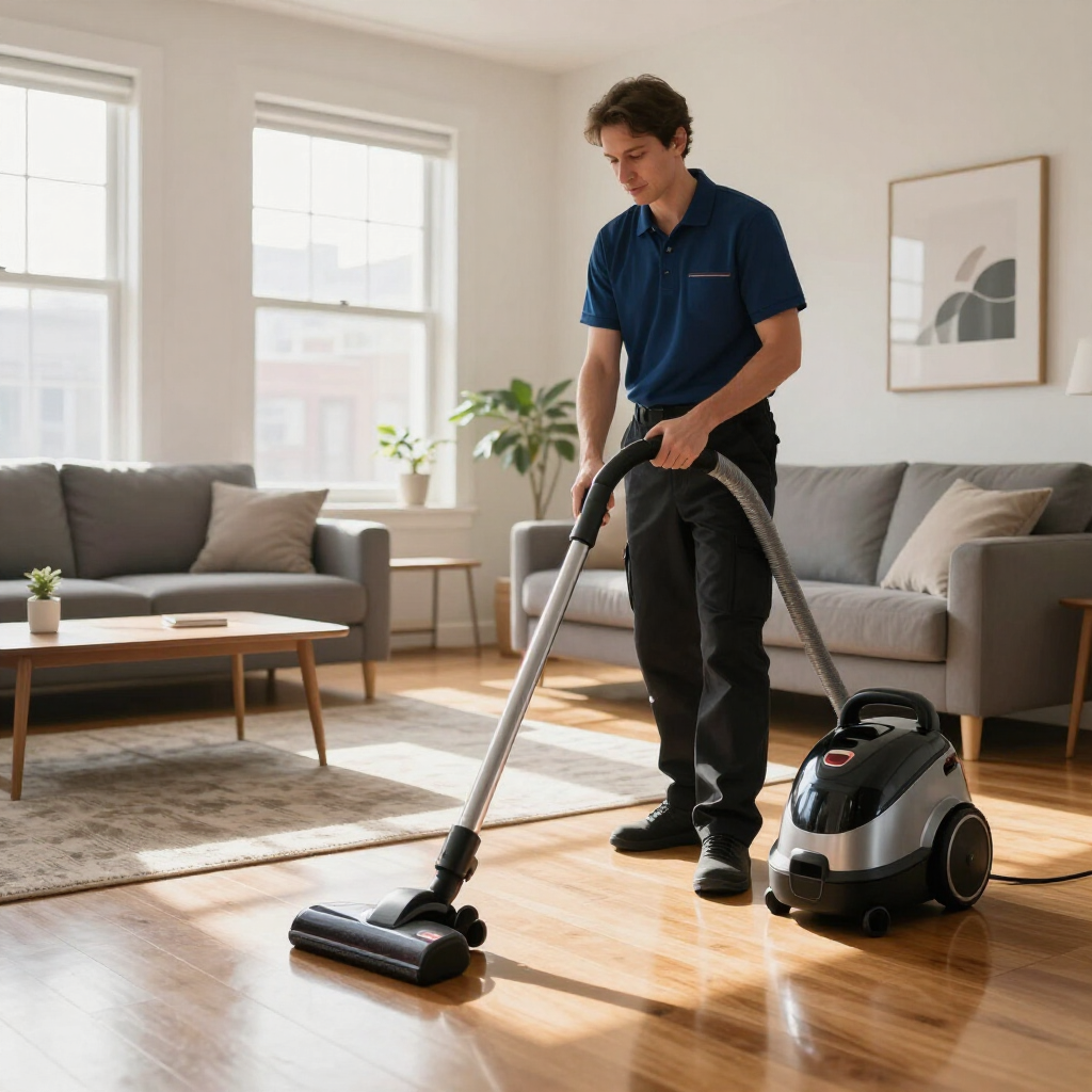 Man vacuuming a sunlit living room with a canister vacuum on hardwood floors