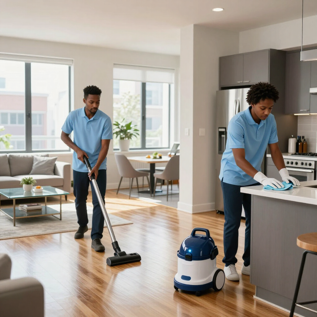 Two cleaners in blue uniforms vacuum and wipe a bright modern apartment kitchen-living area.