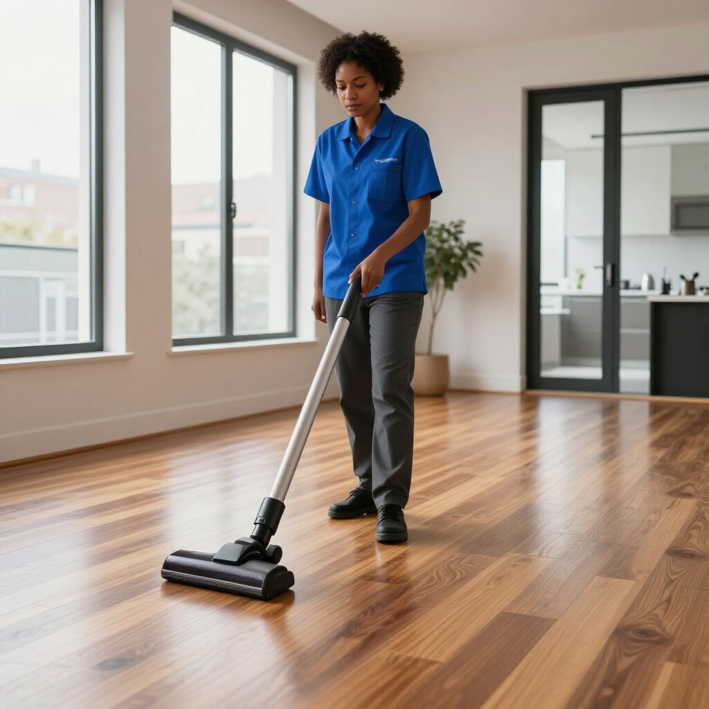 Person vacuuming a polished wooden floor in a bright room with large windows.
