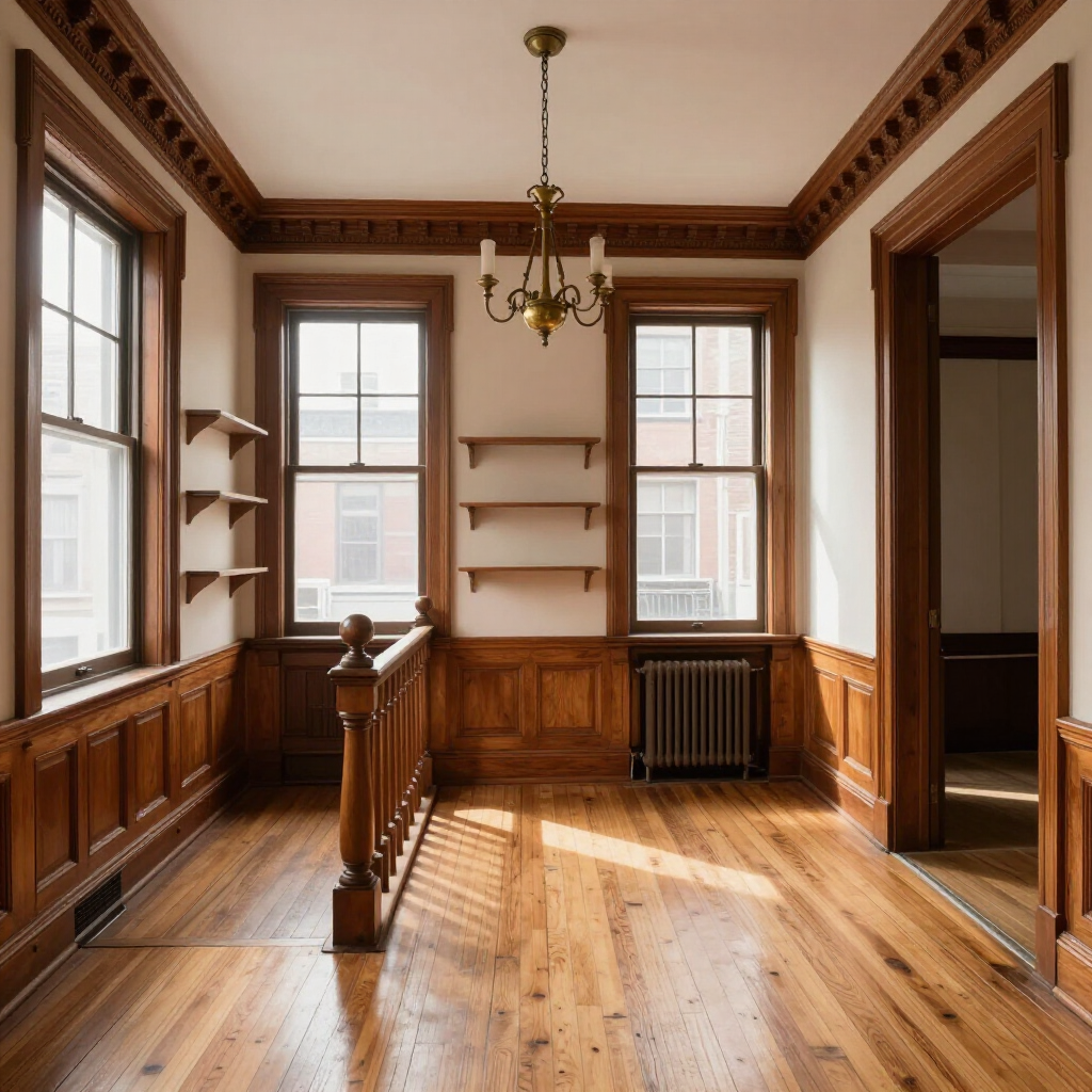 Sunlit empty room with wooden floors, built-in shelves, windows, and a hanging chandelier