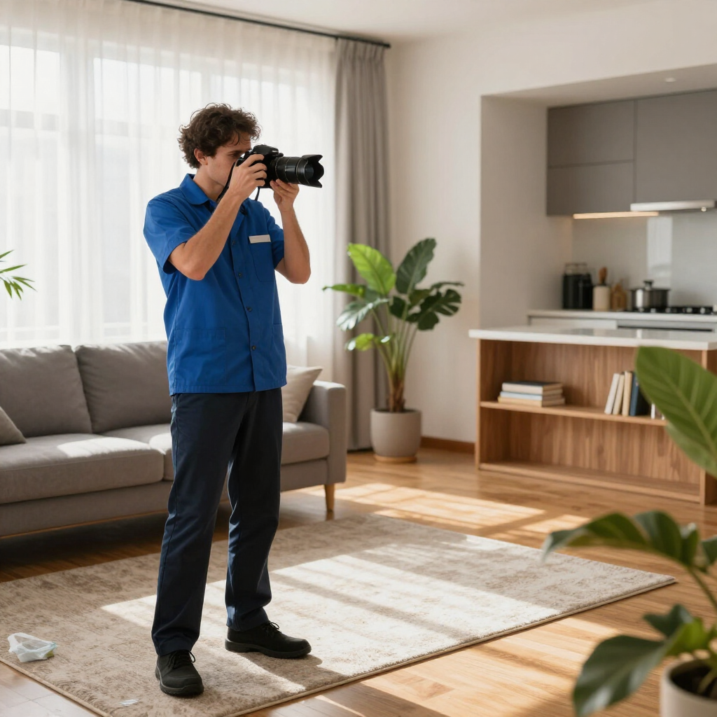 Photographer taking pictures in a bright living room with a sofa, rug, and potted plants