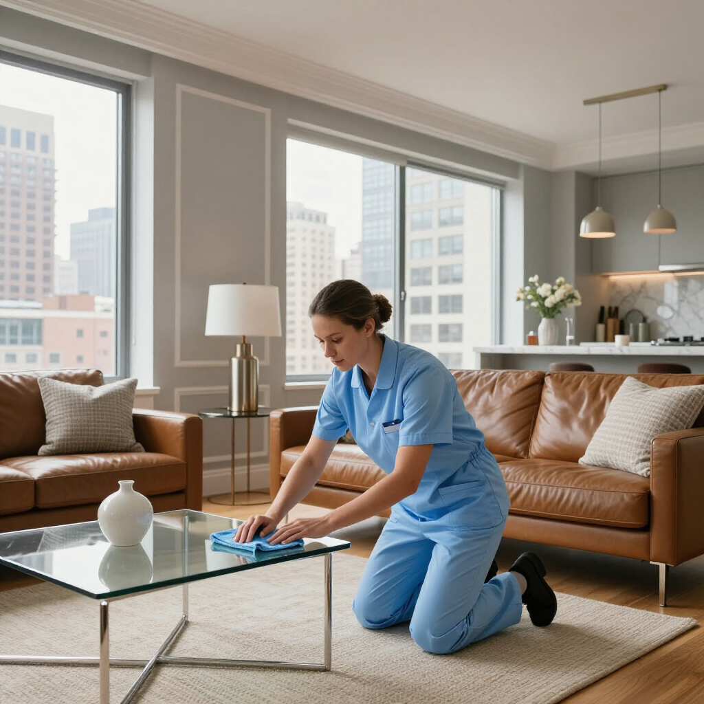 Cleaner kneeling and wiping a glass coffee table in a modern living room.