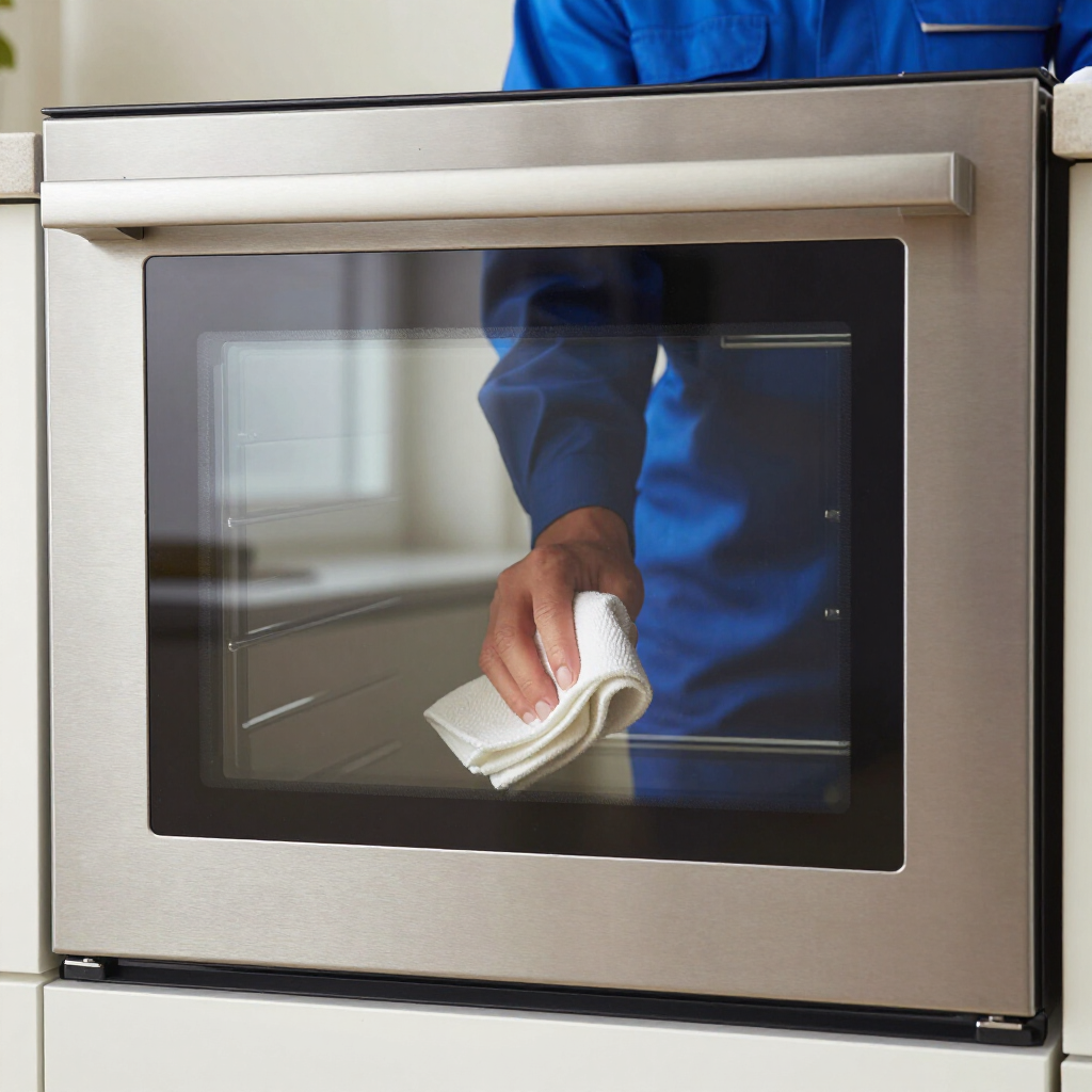 Person cleaning a stainless steel oven door with a cloth.