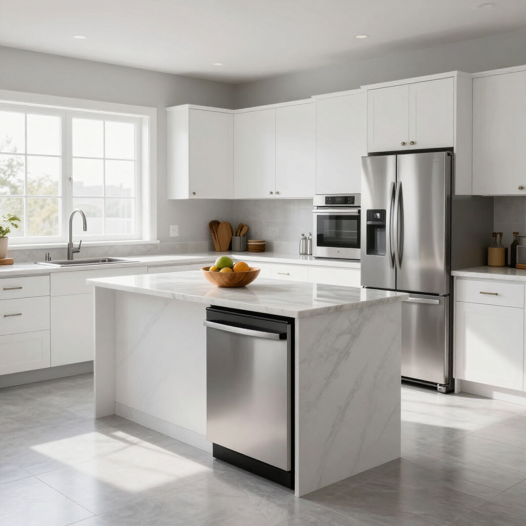 Bright white modern kitchen with marble island, stainless appliances, and sunlight from a window