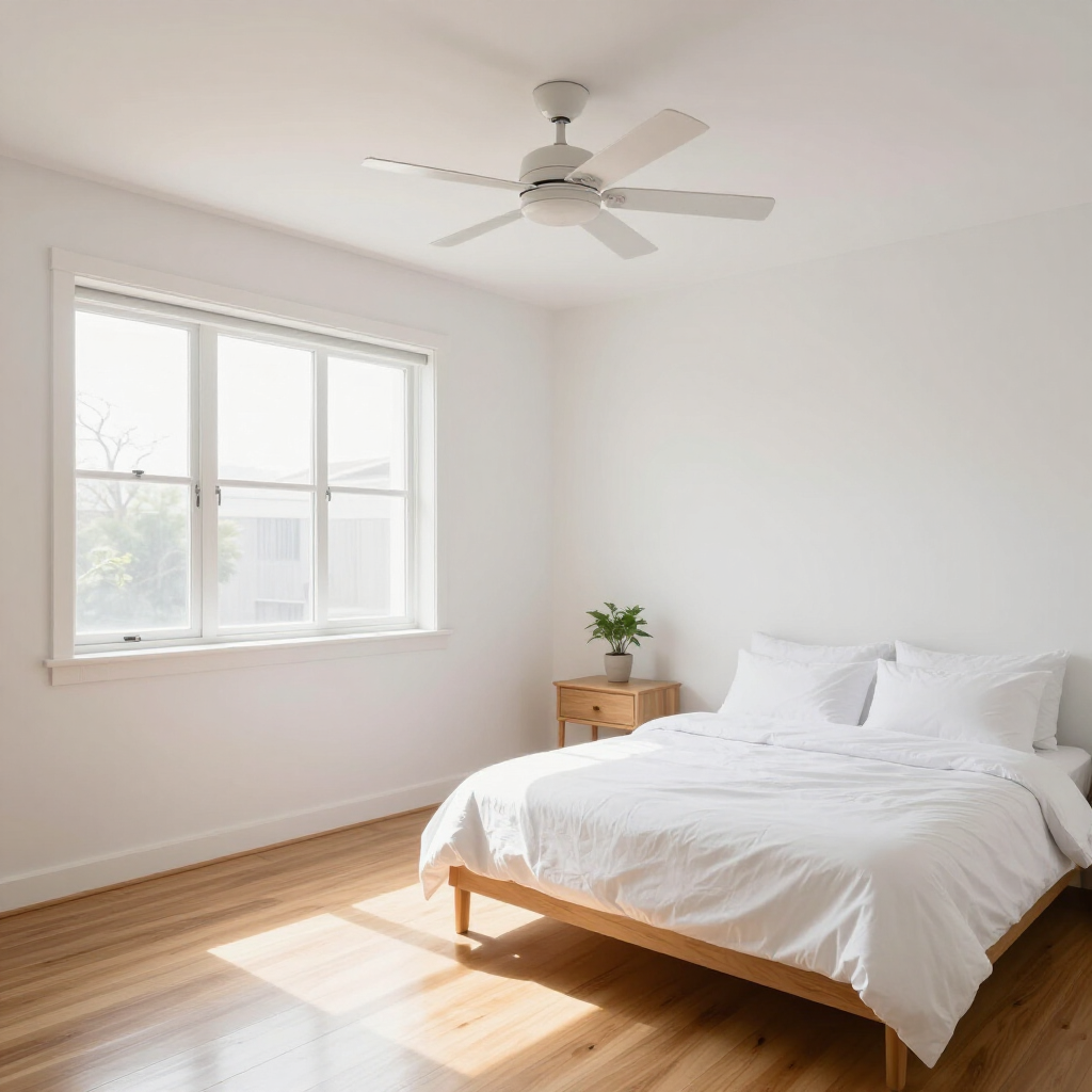 Bright minimalist bedroom with white bed, wooden floor, window light, and a ceiling fan