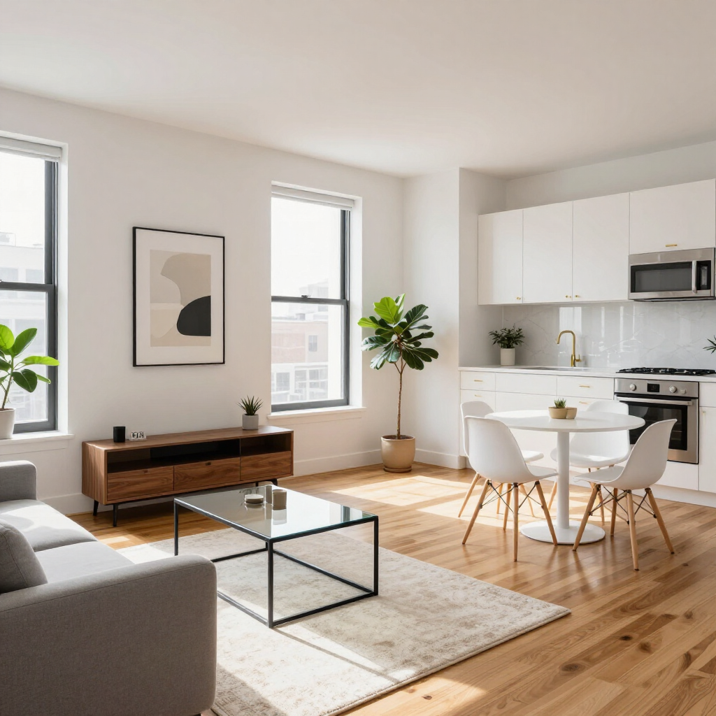 Bright, modern open-plan living room and kitchen with white walls, wood floors, and minimalist decor.