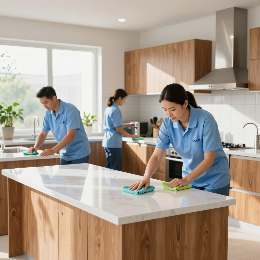 People cleaning a bright modern kitchen with blue cloths and spray bottles